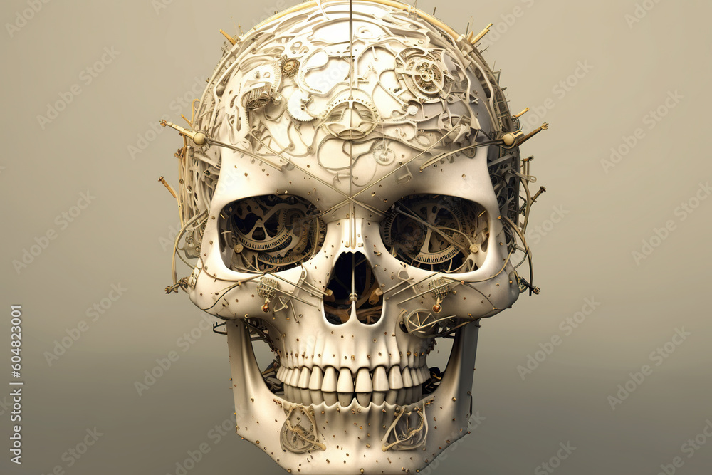 Poster a close up of a skull with spikes on it's head. generative ai.
