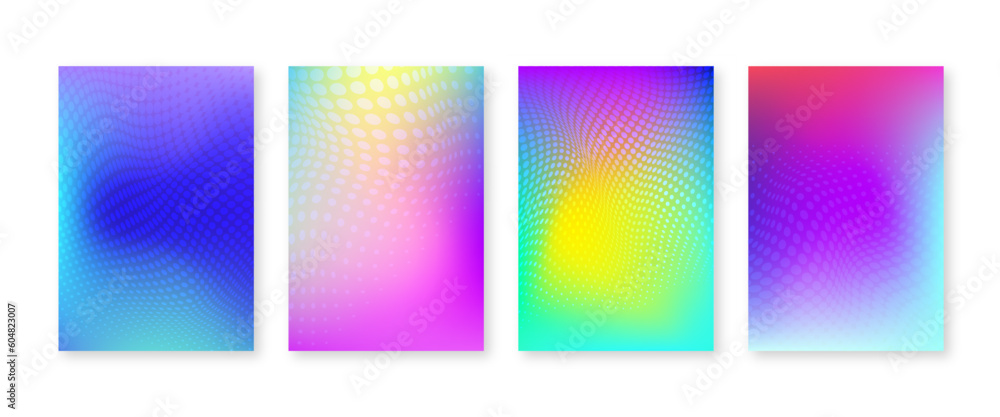 Poster bright color gradient cover set with geometric halftone dots pattern. vector abstract trendy backgro