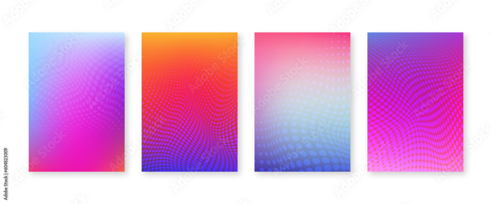 Poster bright color gradient cover set with geometric halftone dots pattern. vector abstract trendy backgro