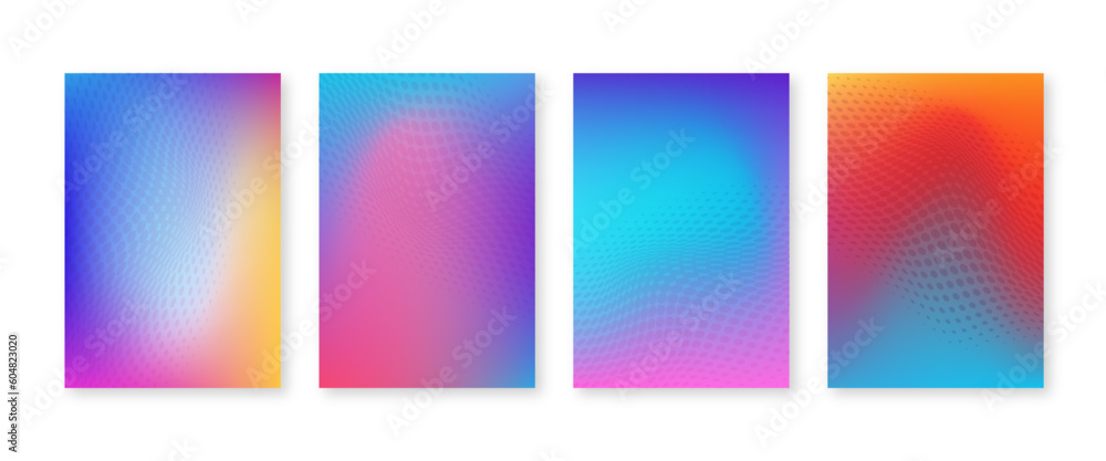 Poster bright color gradient cover set with geometric halftone dots pattern. vector abstract trendy backgro