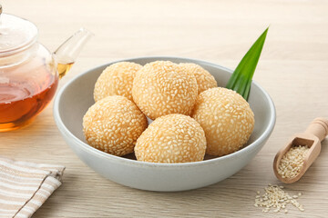 Onde-Onde, Indonesian traditional food, made from glutinous rice flour with beans pasta, wrapped in sesame seeds.
