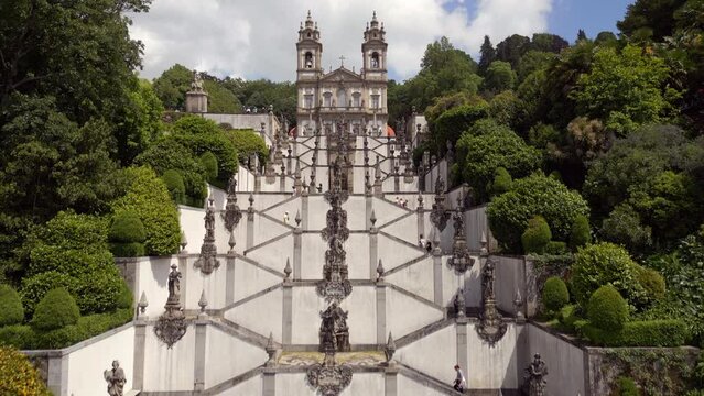 Aerial view of the Baroque stairway leading to the historic Sanctuary of Bom Jesus do Monte church in Braga, northern Portugal. 