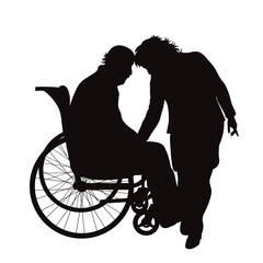 Vector silhouette of a man sitting in a wheelchair on a white background.