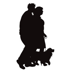 Vector silhouette of family with dog on white background.