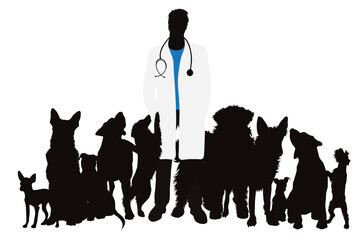 Vector silhouette of veterinary with group of dogs on white background. Symbol of animal and vet.