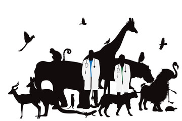 Vector silhouette of veterinary with group of animals on white background. Symbol of Zoo and vet.