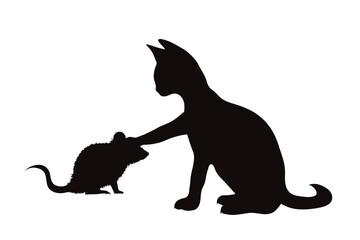 Vector silhouette of cat with mouse on white background.