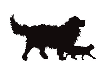 Vector silhouette of dog with cat on white background.
