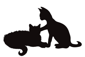 Vector silhouette of couple of cats on white background.