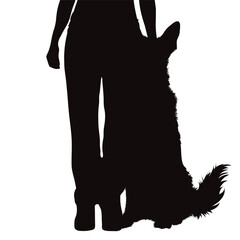 Vector silhouette of woman with her happy dog on white background.