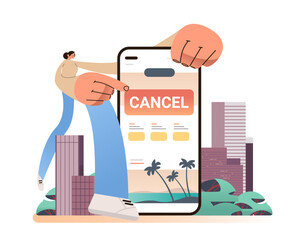 woman cancel a booking of hotel in travel application or on smartphone screen horizontal full length
