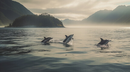 Obraz premium Dolphins jumping out of the water at sunset