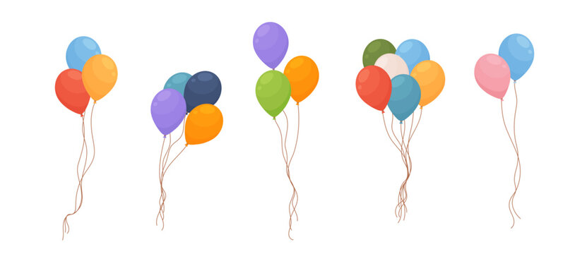 Colorful helium balloons bunches, cartoon flat vector illustration isolated on white background.