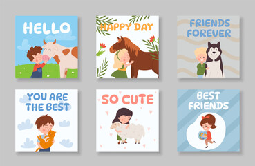 Set of squared cards or banners with kids hugging various animals flat style