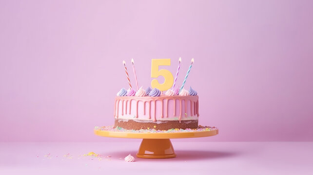 Birthday cake with five candle on purple pastel background. Generative AI.