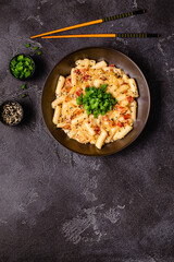 Spicy Rice Cake with Cheese and Bacon or Cream Teokbokki, Tteokbokki.