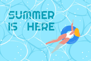 Fototapeta na wymiar Woman swimming on inflatable ring. Girl in bikini relaxing on blue water surface, top view. Happy female character sunbathing. Summer is here. Vector illustration