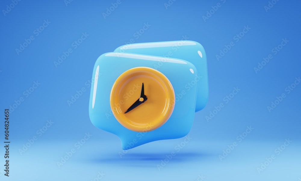 Poster 3d rendering speech bubble with clock icon isolated on blue background. 3d illustration