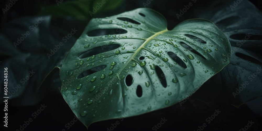 Poster a single leaf that is green in color and has water droplets on it generative ai