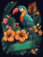 Colorful design poster with tropical bird, flowers and plants. Generative ai 