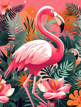 Flamingo bird in nature with plants, colorful poster-design. Generative ai 