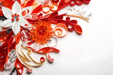 Quilling, paper craft, abstract background, red. White background. With Generative AI tehnology.