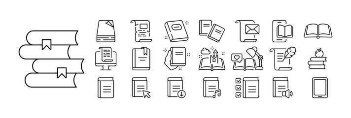 Set of book icons. Illustrations representing various book-related elements, including open books, closed books, bookshelves, bookmarks, writing tools. Kowledge concept.