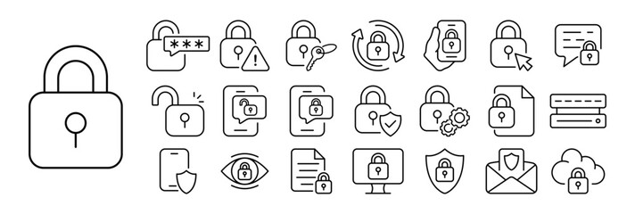 Set of lock icons. Illustrations depicting various types of locks and locking mechanisms, including keys, padlocks, door locks. Locks concept.