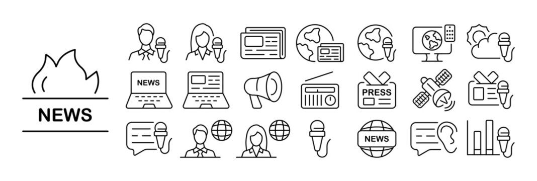 Set of news icons. Illustrations representing various elements related to news, such as newspapers, microphones, cameras, news headlines, and press badges, symbolizing journalism, reporting, media.