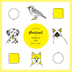 動物のポートレート線画イラストセット（カラー）