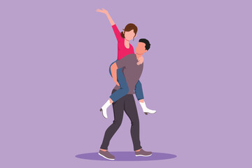 Fototapeta na wymiar Character flat drawing teenage couple with man carrying woman on his back during music festival. Young romantic couple in love. Happy male and female at city park. Cartoon design vector illustration
