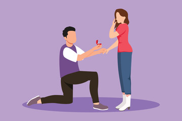 Graphic flat design drawing man kneeling holding engagement ring proposing woman marry him. Happy marriage wedding concept. Guy on knees proposing cute girl to marry. Cartoon style vector illustration