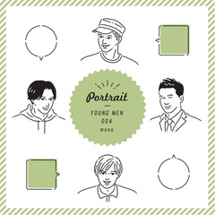 若い男性の表情ポートレート線画イラストセット（モノクロ）