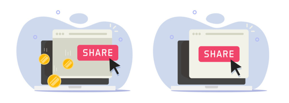 Share social media technology on laptop computer vector icon with money monetize revenue earnings flat graphic illustration, digital website ppc affiliate tech marketing, paid add service image