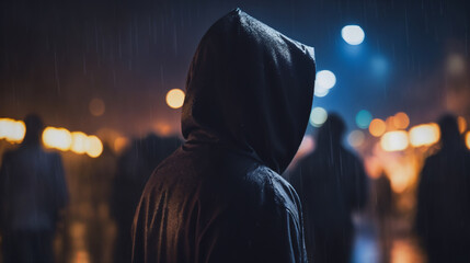 Hooded man. Crowd of people on the street. Generative AI