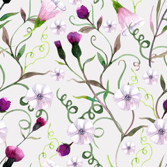 Natural motifs in a seamless watercolor pattern with thistle and Ipomoea flowers. Fabric, texture, bed linen background, wallpaper, napkins, wrapping paper. Garden and field items.