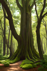 CG hyper realistic style giant tree in the forest created with generative AI technology