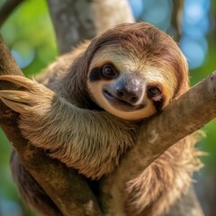 Photo of a cute sloth animal. Against the backdrop of the jungle. AI
