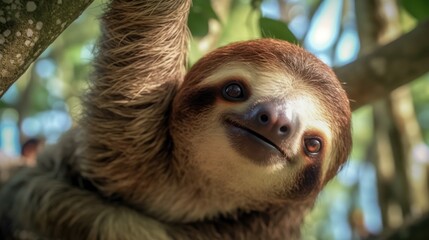 Photo of a cute sloth animal. Against the backdrop of the jungle. AI