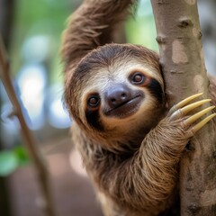 Photo of a cute sloth animal. Against the backdrop of the jungle. AI