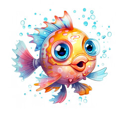 A cartoon fish with big eyes swimming. Generative AI.