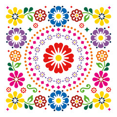 Fototapeta na wymiar Mexican folk art style vector square floral vibrant pattern - greeting card or invitation design, 