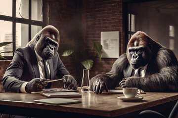 Image of two business gorillas in business suits in a meeting in a modern office.