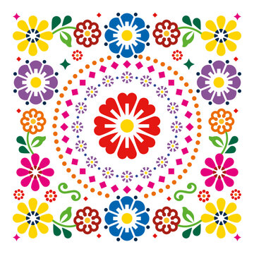 Mexican folk art style vector square floral vibrant pattern - greeting card or invitation design,
