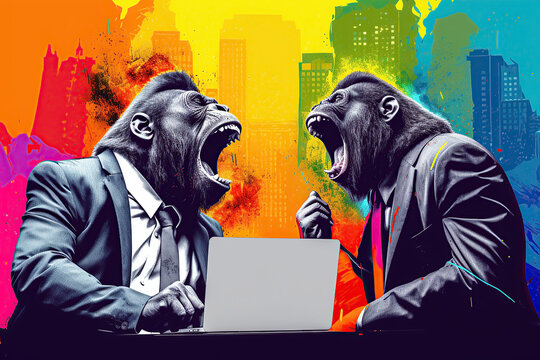Image of two gorillas in business suits sitting at the table with a laptop and yelling at each other with vibrant colors bursting behind them.