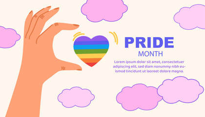 Hand holding a rainbow heart. Vector Lgbt rights or social issues event celebration creative banner, poster, placard, social media advertisement, invitation, greeting or web landing page