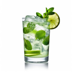 A crisp mojito cocktail with fresh mint leaves, isolated on a white background, created by Generative AI.

