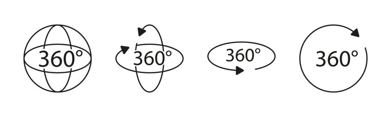 Set of 360-degree icons. A collection of icons representing the concept of a 360-degree view or perspective. These icons can be used to symbolize panoramic views, virtual reality.
