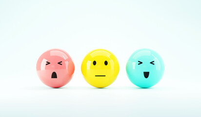 Naklejka premium Set of emoji emoticons with sad and happy mood, evaluation, Increase rating, Customer experience, Satisfaction and best excellent services rating concept, Customer service evaluation. 3d render.