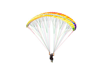 Bright colorful parachute on white background, isolated. Concept of extreme sport, taking adventure challenge.